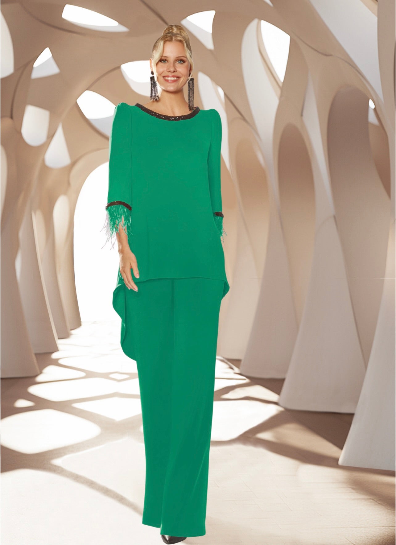 Conjunto dos piezas de corte recto con lentejuelas y plumas