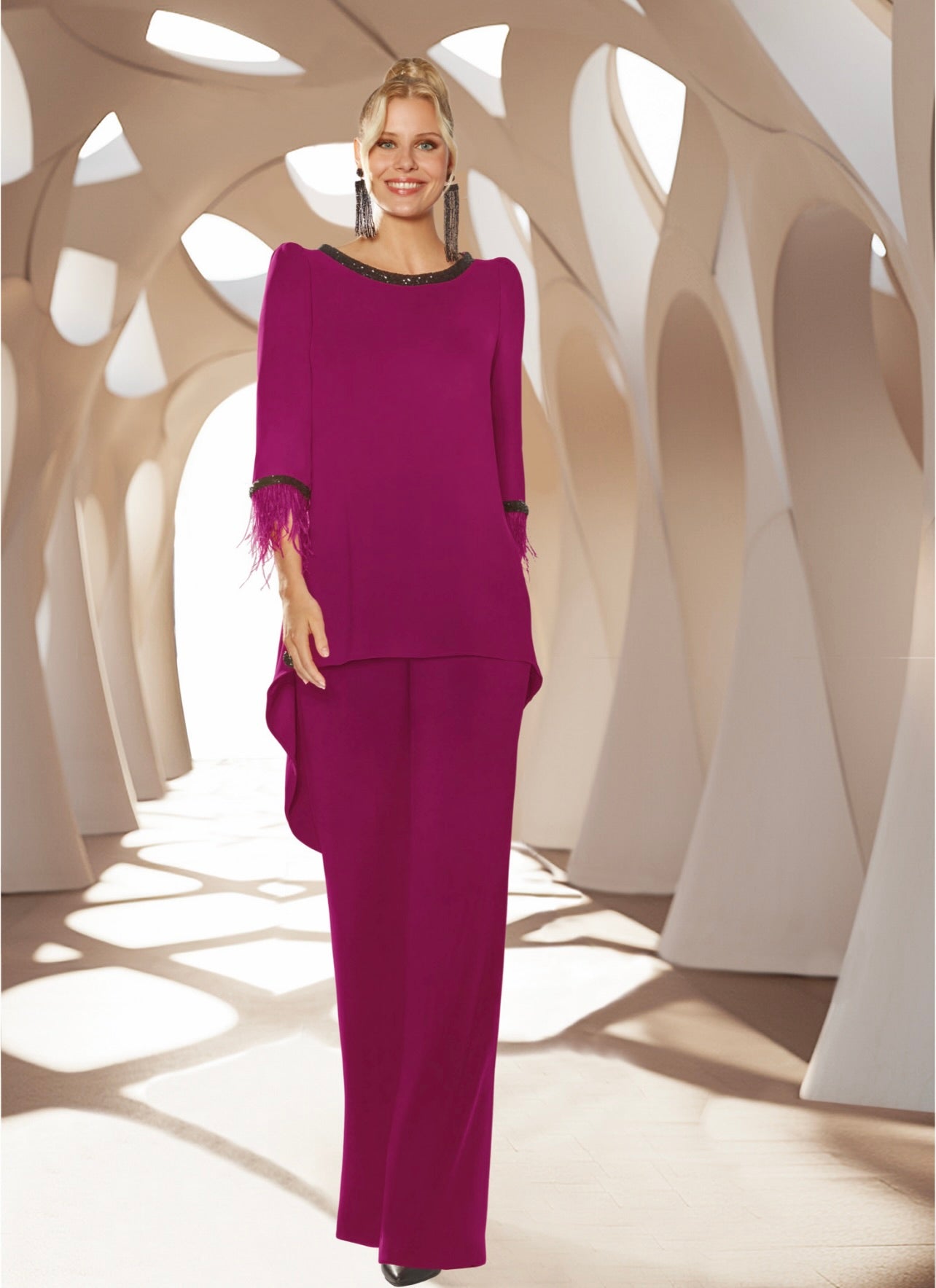 Conjunto dos piezas de corte recto con lentejuelas y plumas