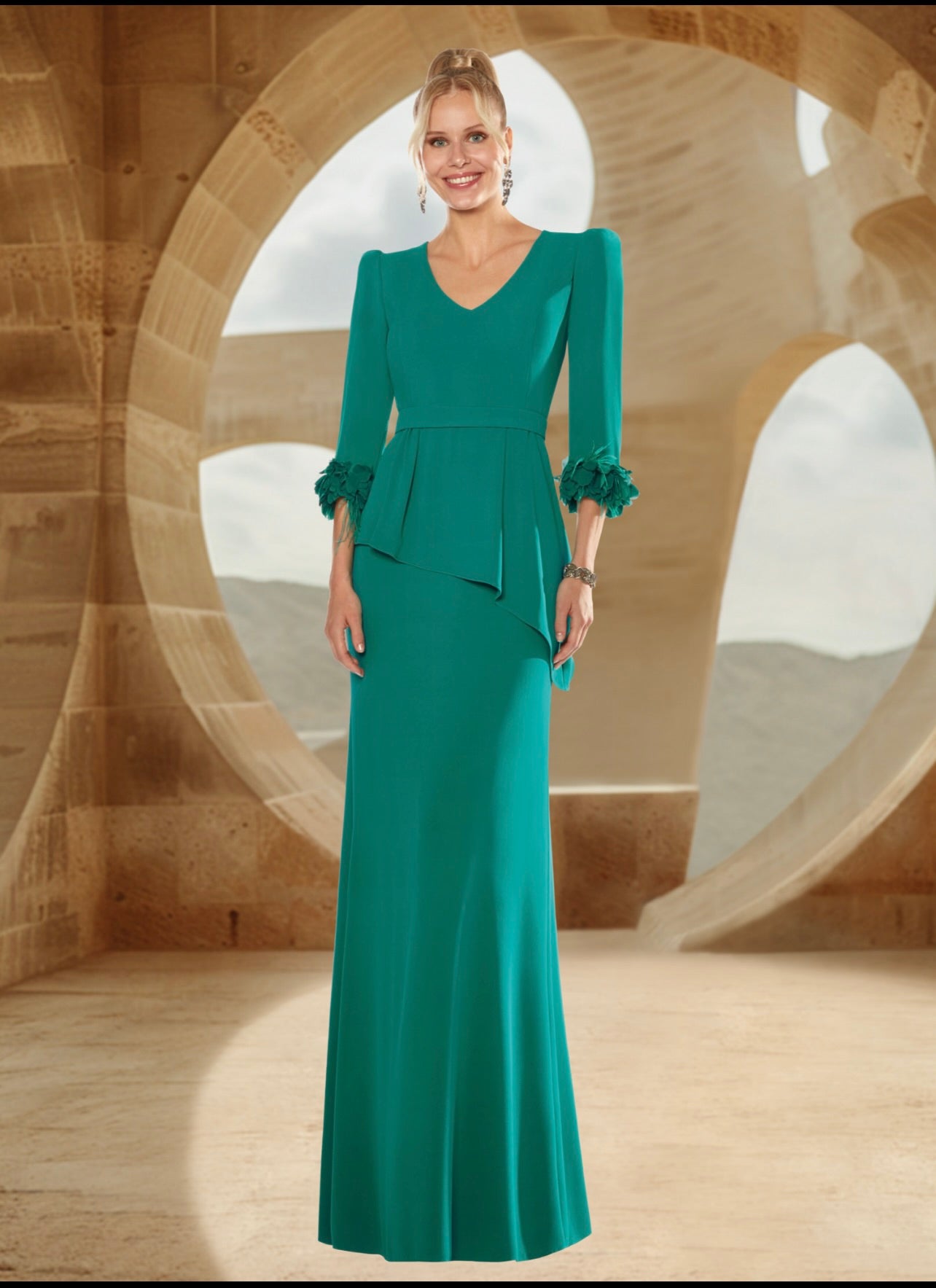 Vestido largo de escote en V manga francesa con pétalos en puños y peplum