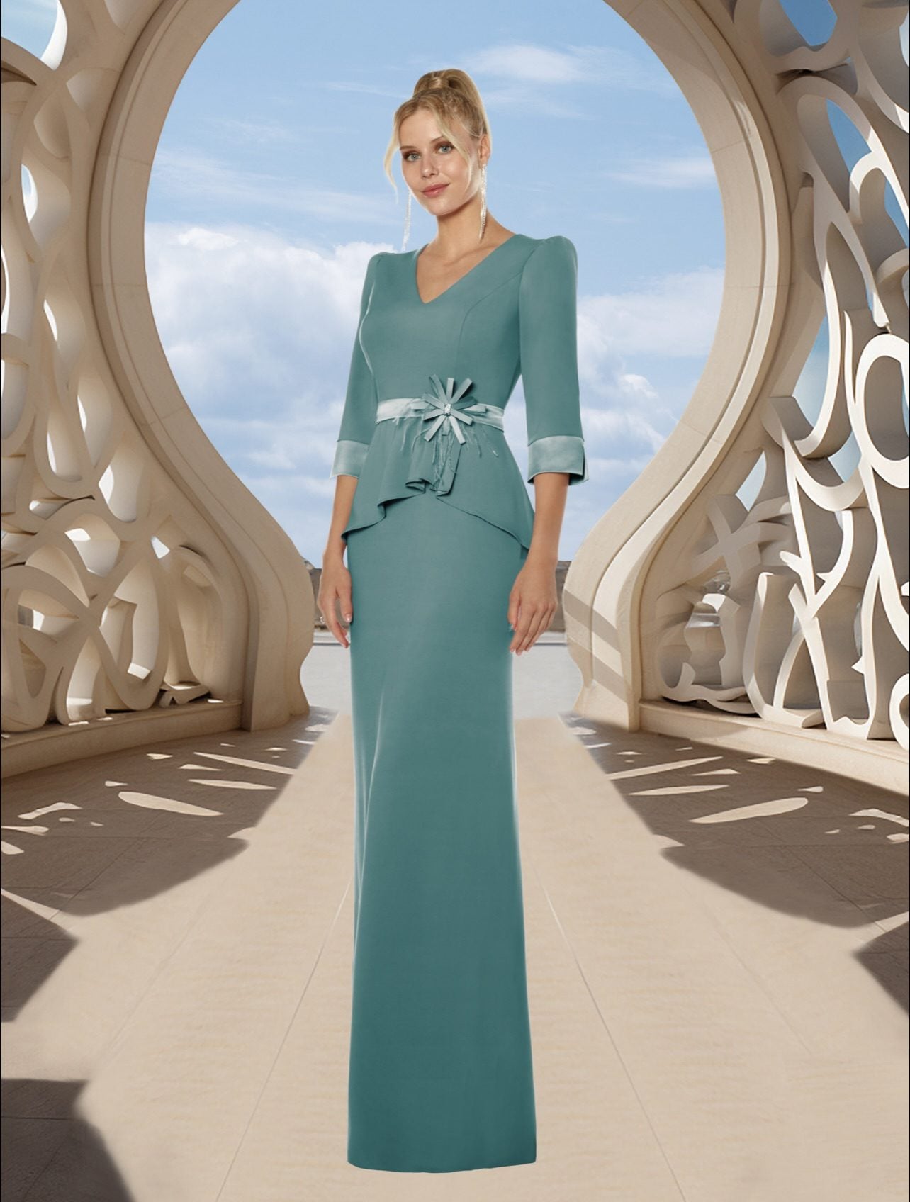 Vestido largo manga francesa de escote en V con peplum asimétrico y flor