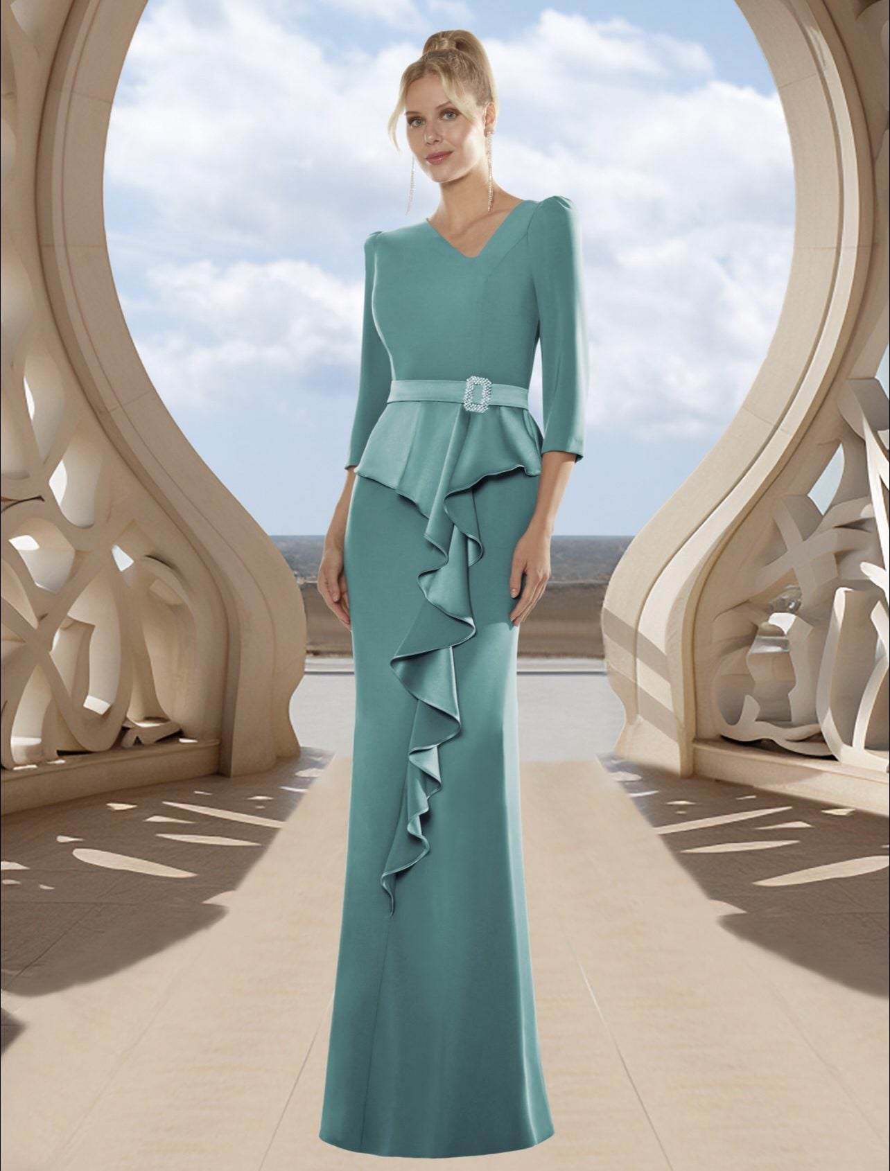 Vestido largo recto de escote asimétrico manga francesa con peplum en cascada