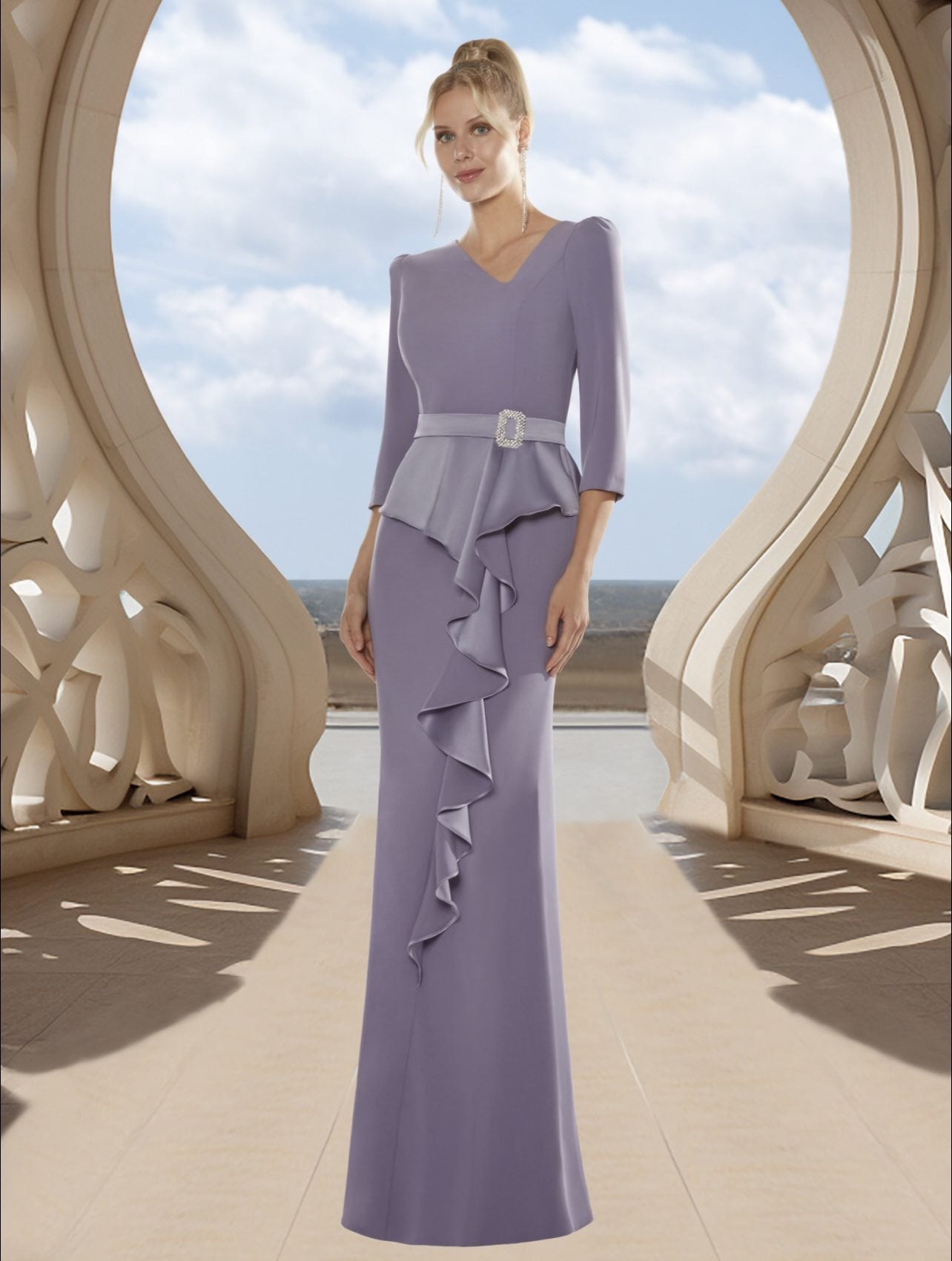 Vestido largo recto de escote asimétrico manga francesa con peplum en cascada