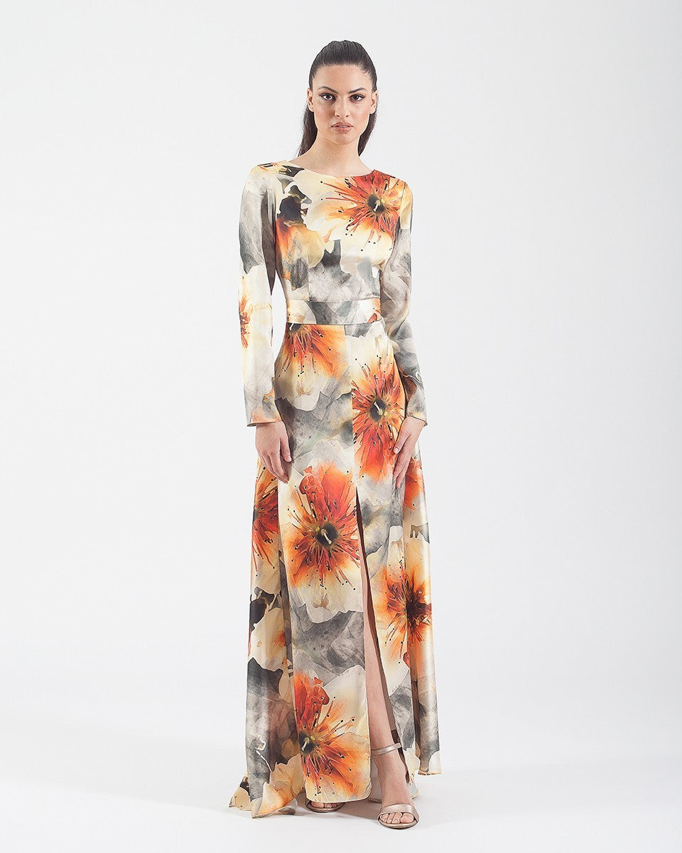 Vestido largo asimétrico de satén estampado sin espalda