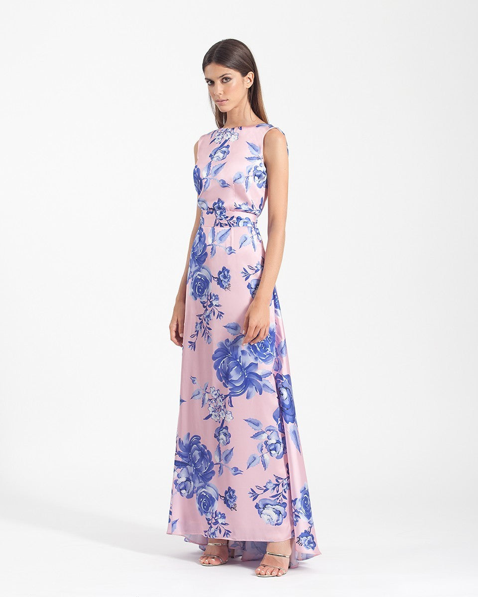 Vestido largo de flores de colores con espalda abierta y lazo