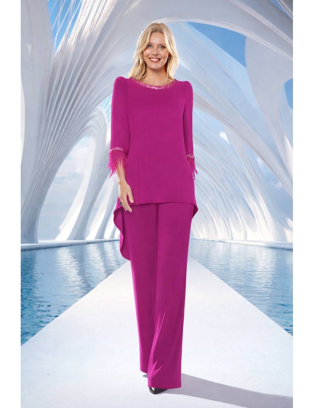 Conjunto dos piezas de corte recto con lentejuelas y plumas