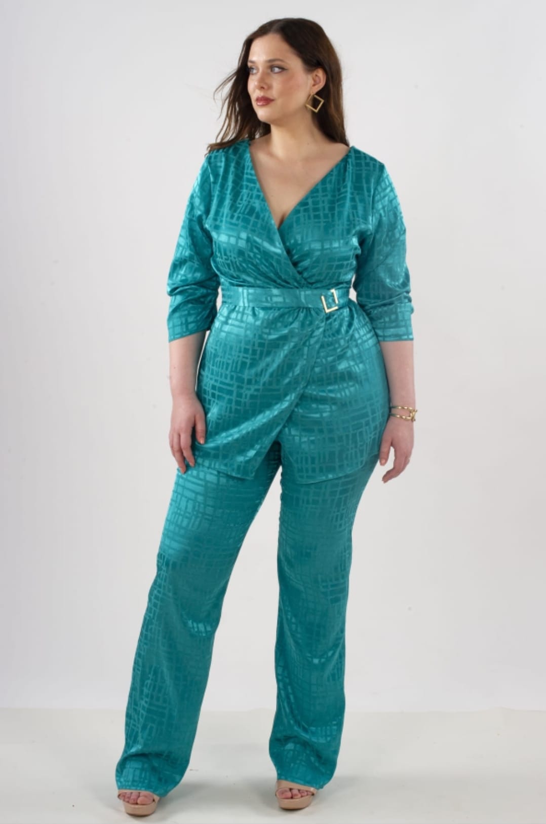 Conjunto blusa y pantalón turquesa ajustado en la cintura Mía Miró