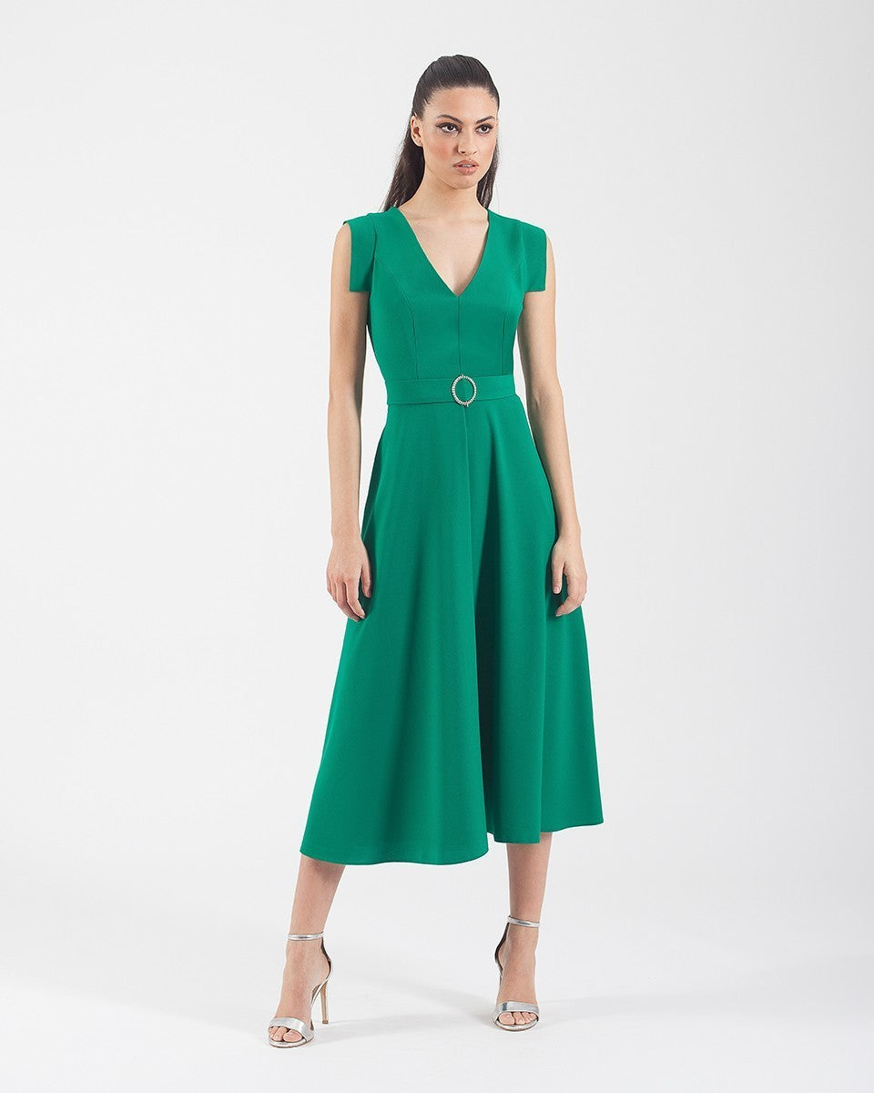 Vestido midi de crepé con vuelo, escote en pico y manga corta