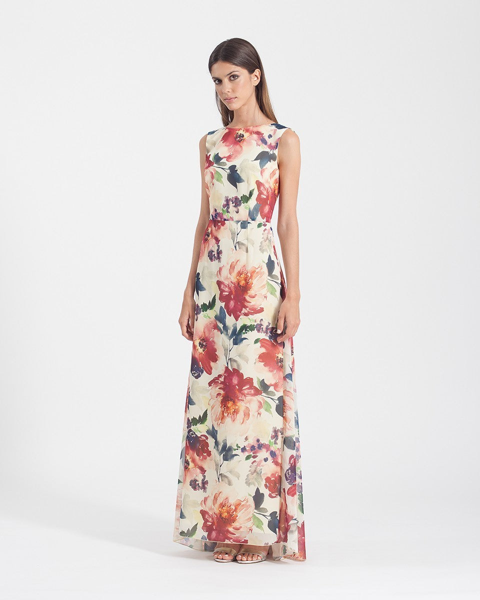 Vestido largo recto con espalda abierta y estampado floral