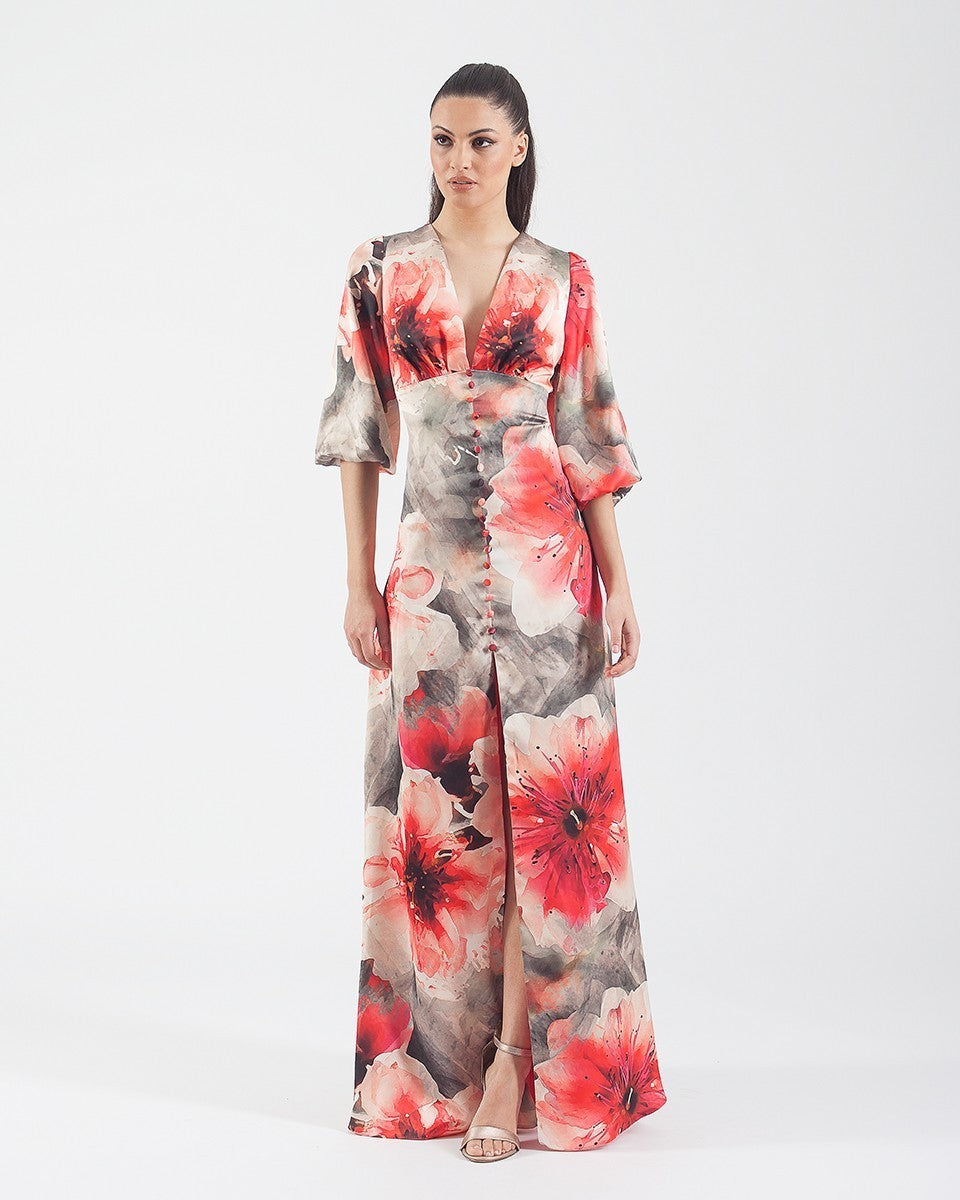 Vestido largo de satén abotonado con estampado y escote en pico