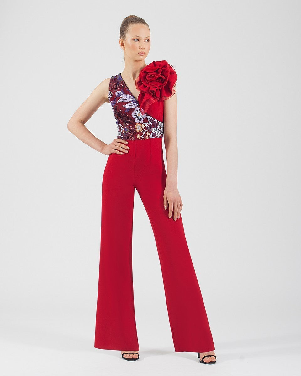 Langer Overall aus Crêpe mit Pailletten, Blume und V-Ausschnitt