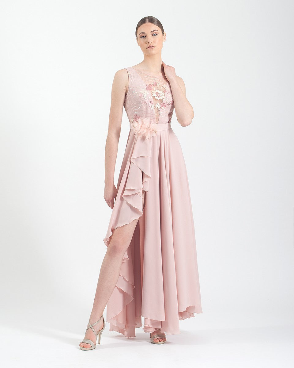 Langes Kleid mit floralem Illusionsausschnitt und offenem Rücken