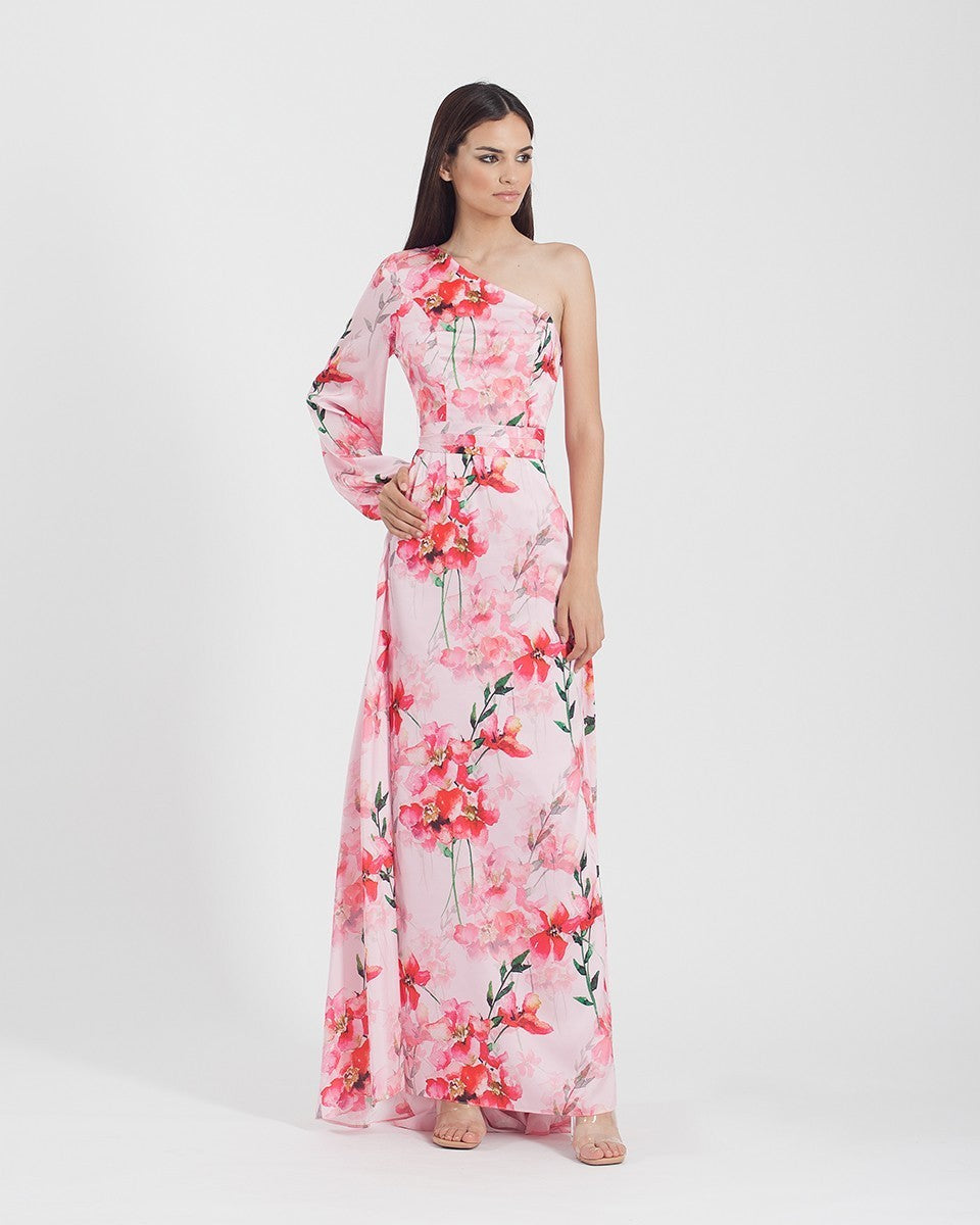Vestido largo de flores con escote asimétrico y espalda abierta