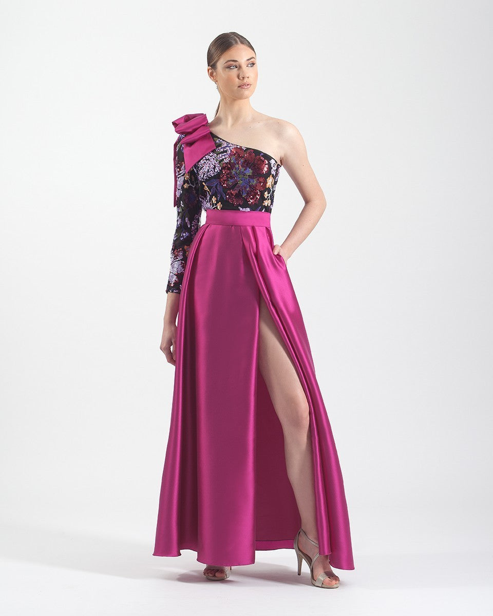 Vestido largo de mikado con escote asimétrico y lazo en el hombro