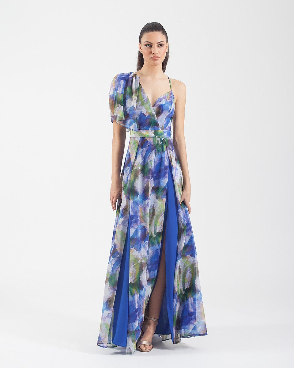 Vestido largo de gasa estampado con doble abertura y lazo