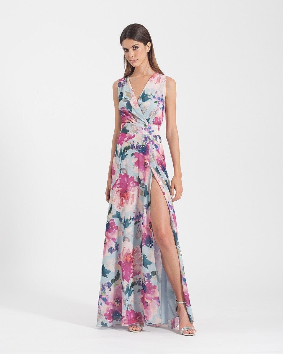 Vestido largo estampado escote cruzado y abertura lateral