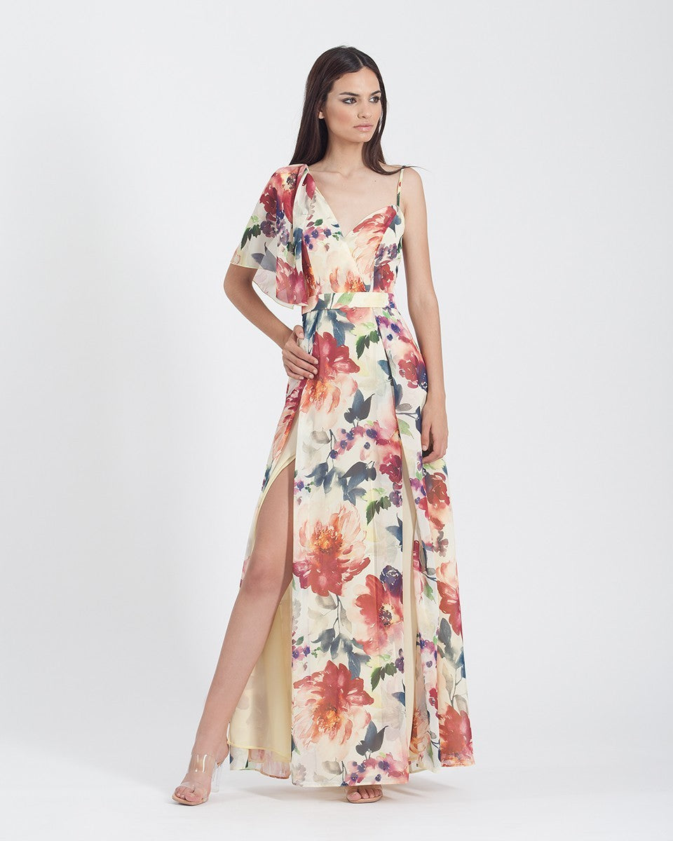 Vestido largo estampado con escote asimétrico y manga con volante