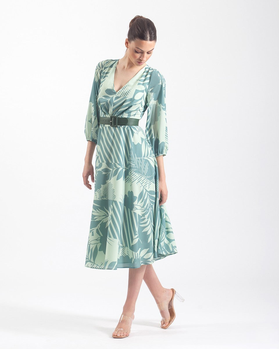 Vestido midi de vuelo con estampado floral, manga gigot y cinturón