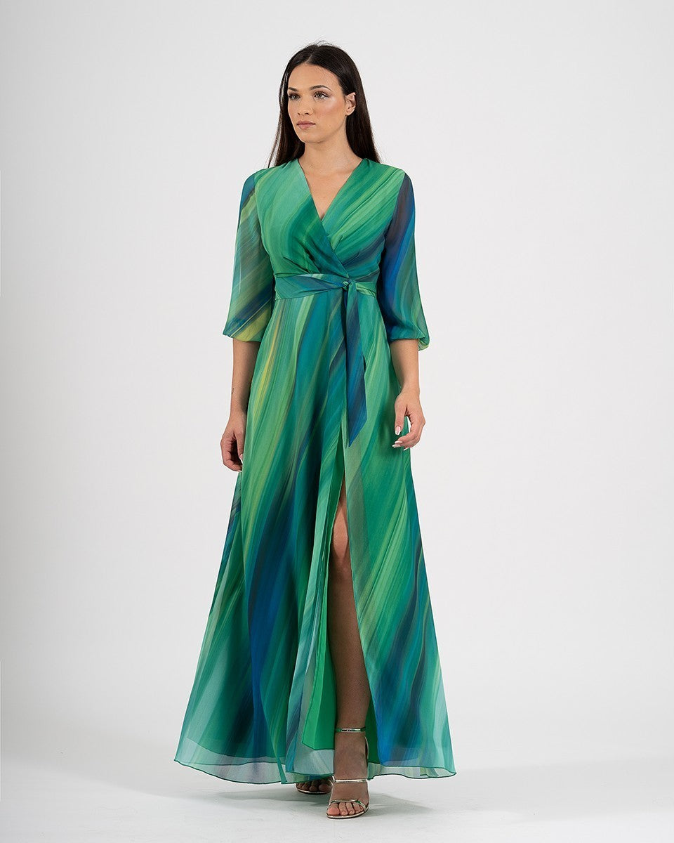 Vestido largo de gasa estampada con escote cruzado y manga gigot