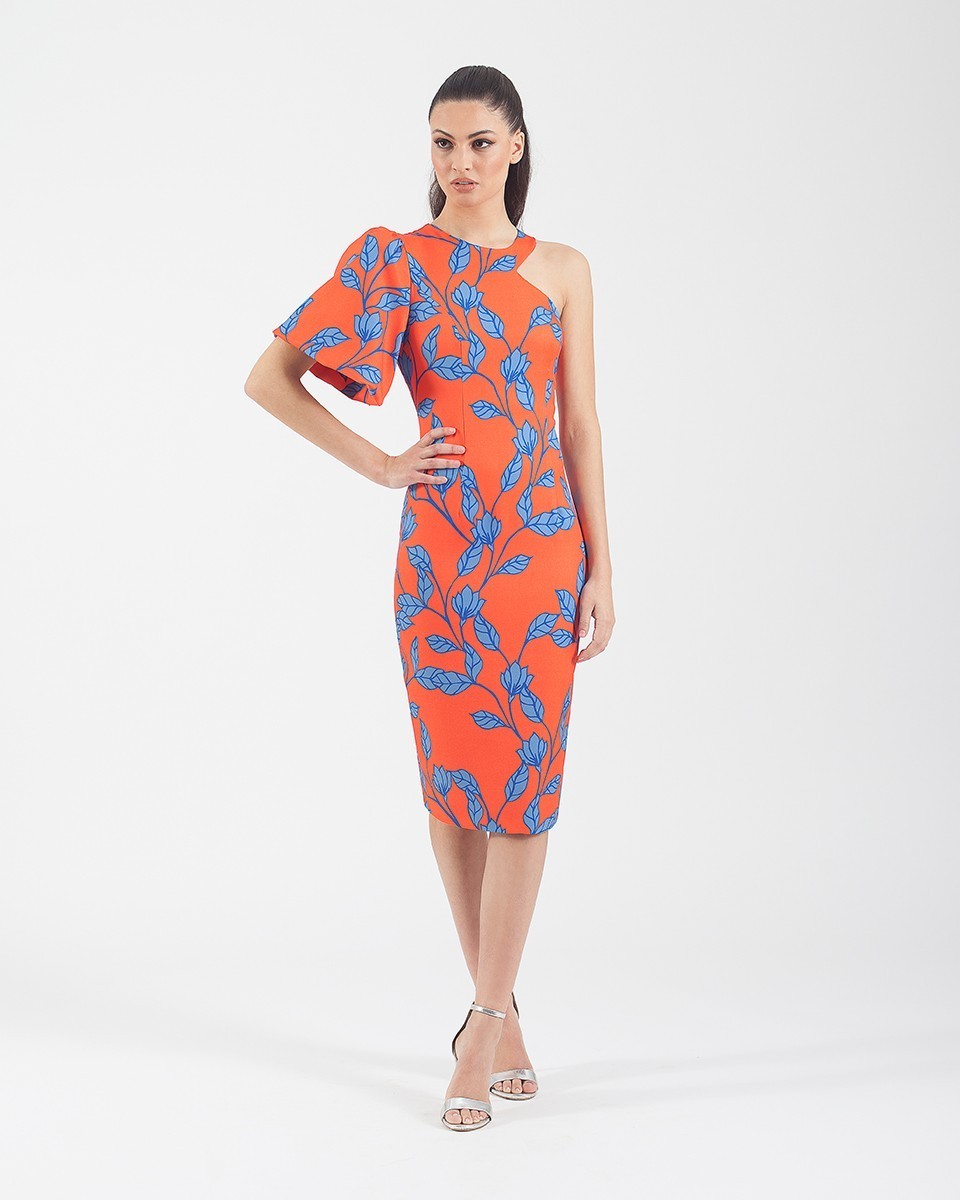 Vestido tubo estampado con manga asimétrica y escote halter