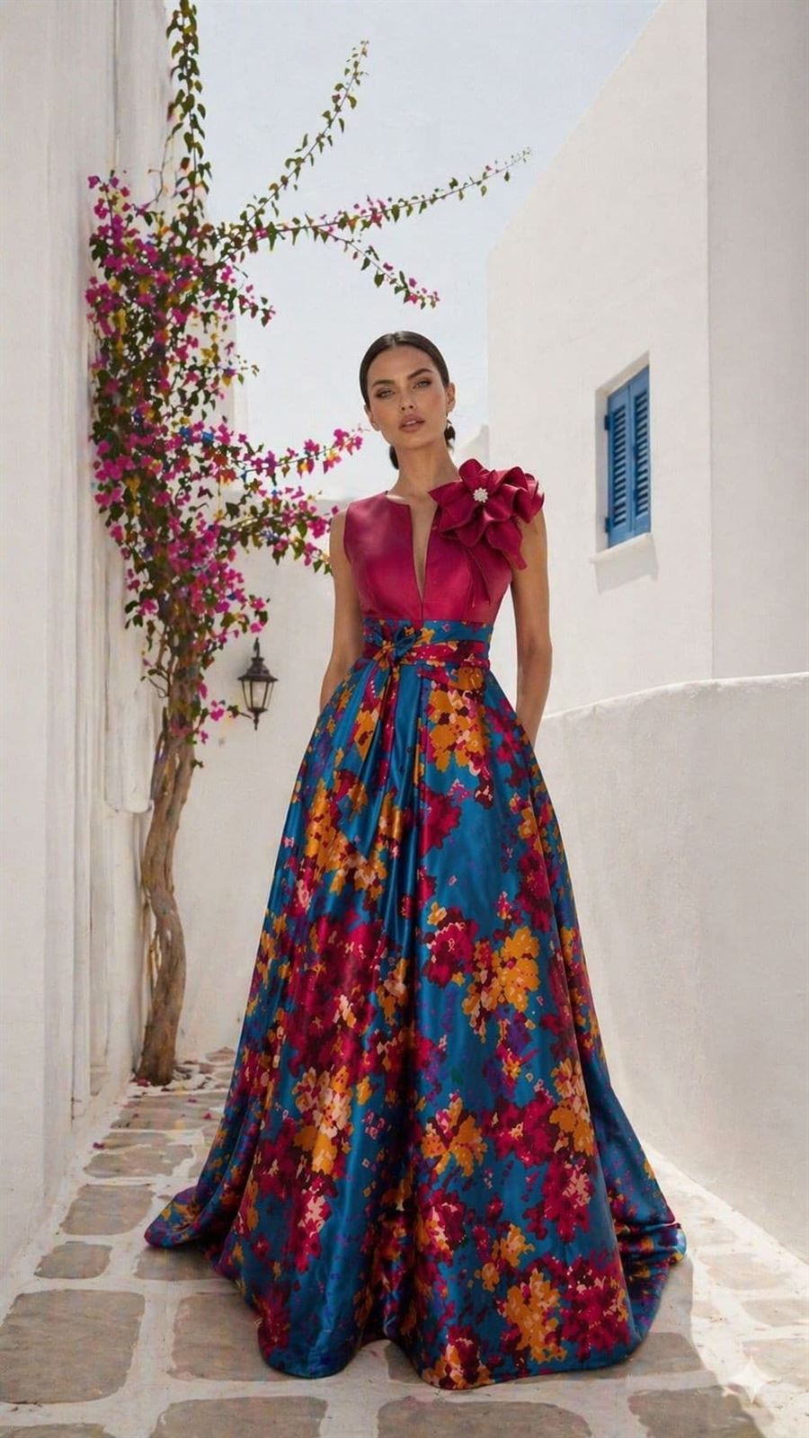 Vestido largo top y falda estampada