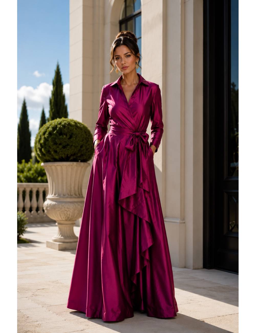 Vestido largo con cuello camisero, lazo en la cintura y peplum en la falda