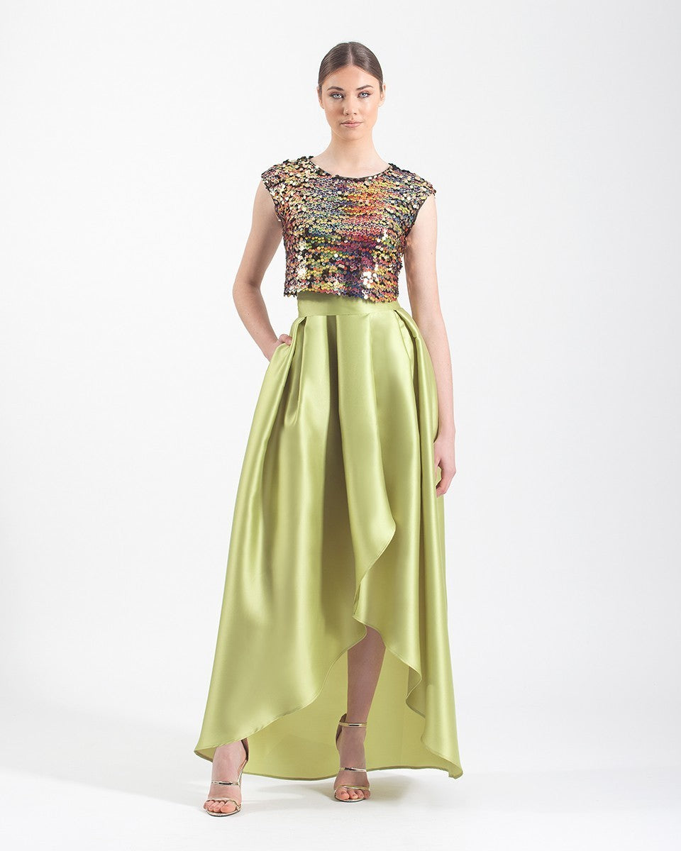 Sequin top and asymmetrical mikado skirt set