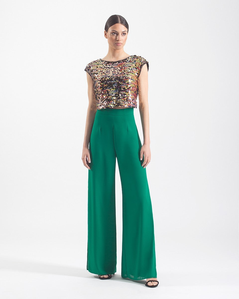Short Sleeve Sequin Top and High Waisted Pants Set