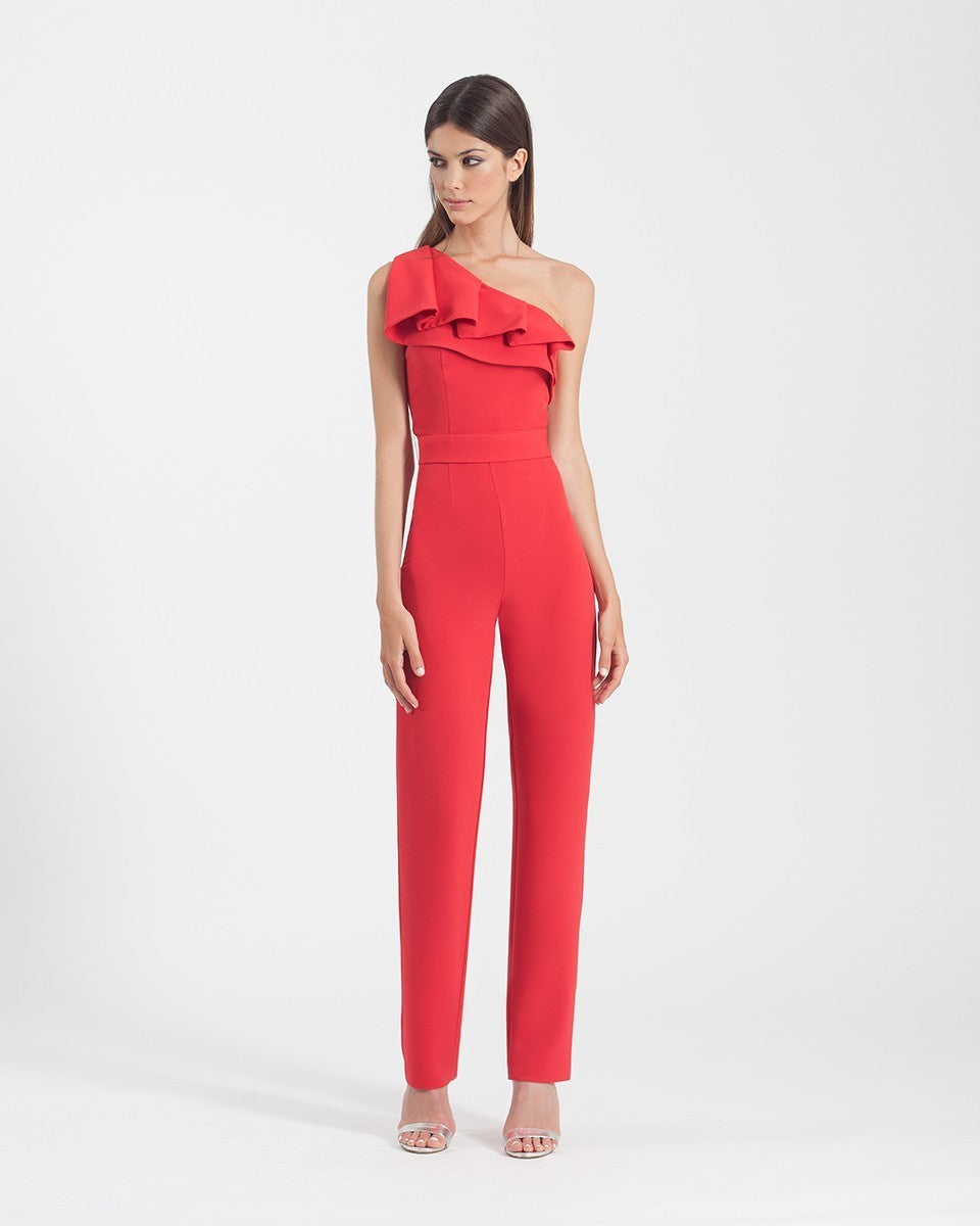 Langer ärmelloser Overall mit asymmetrischem Ausschnitt und Rüschen