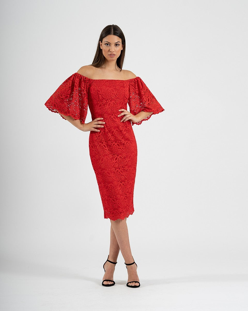 Vestido midi recto de encaje con escote barco y manga con volante