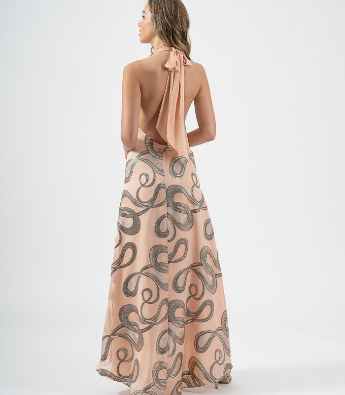 Vestido Largo Estampado Devore De Espalda Descubierta Y Lazo Al Cuello