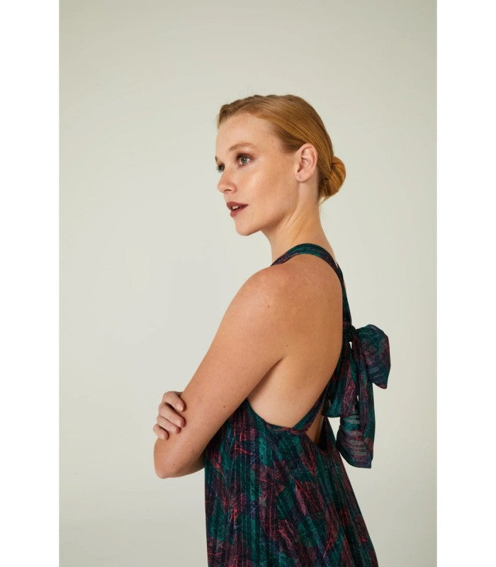 Vestido largo plisado hojas verdes