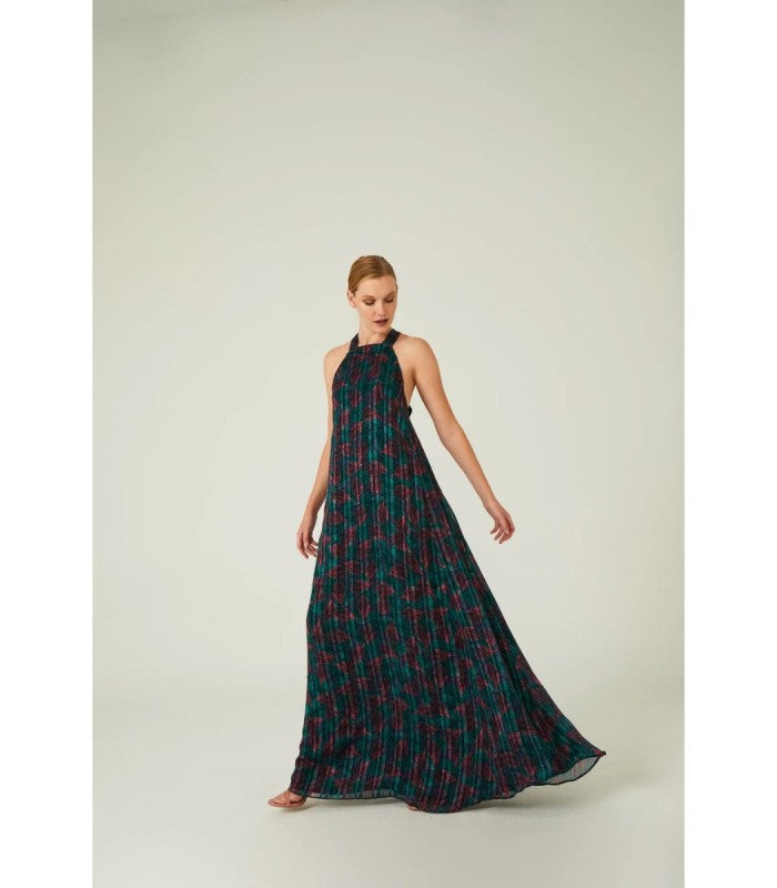 Vestido largo plisado hojas verdes