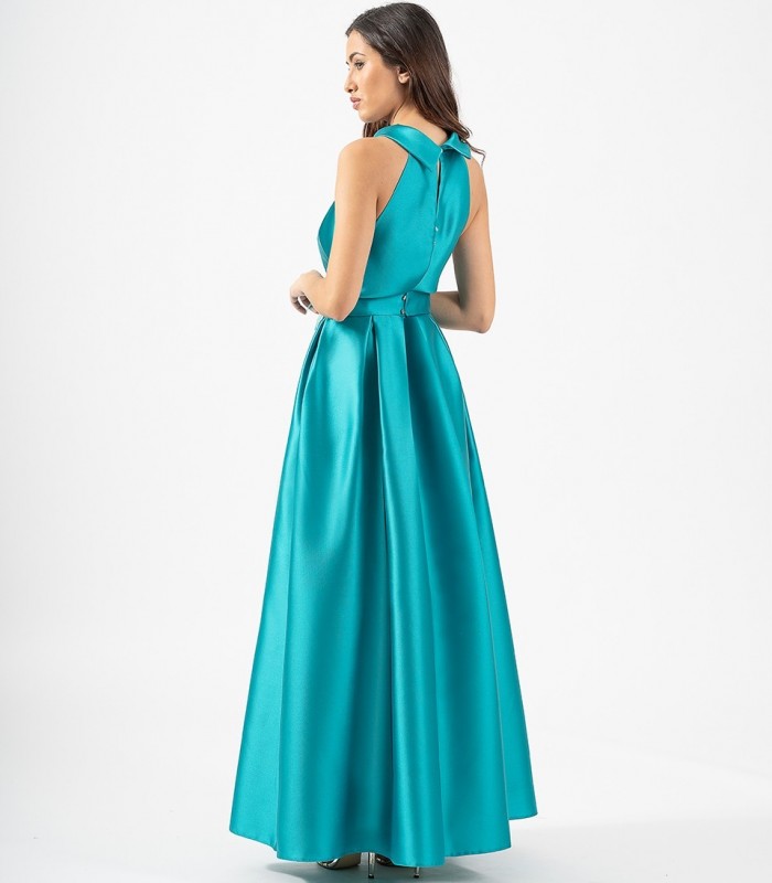 Vestido Largo Plisado Mikado Con Flor En Cintura Y Escote Halter