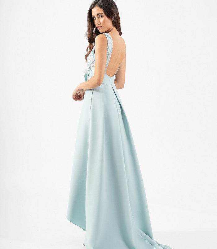 Vestido Largo Plisado Y Estampado De Espalda Descubierta Y Cola