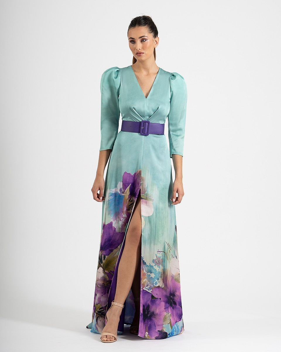 vestido largo satén con abertura central