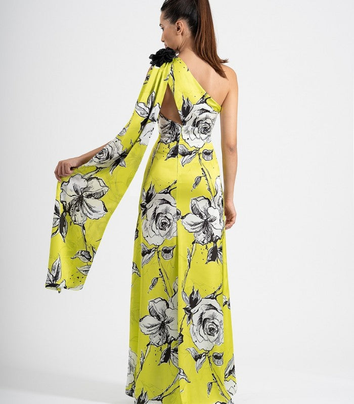 Vestido Largo Satén De Espalda Asimétrica Con Flor Al Hombro