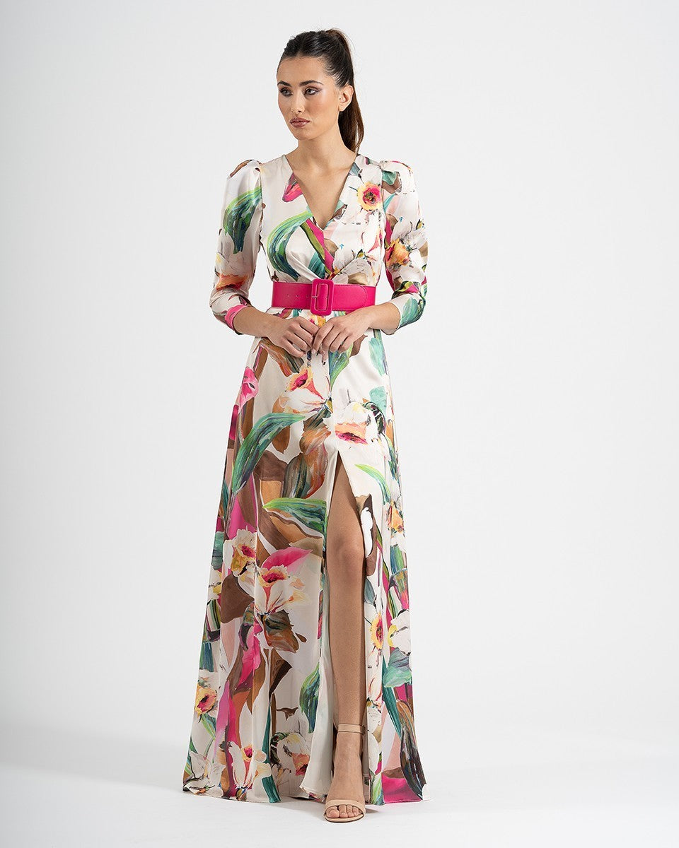 Vestido largo satén estampado ajustado a la cintura