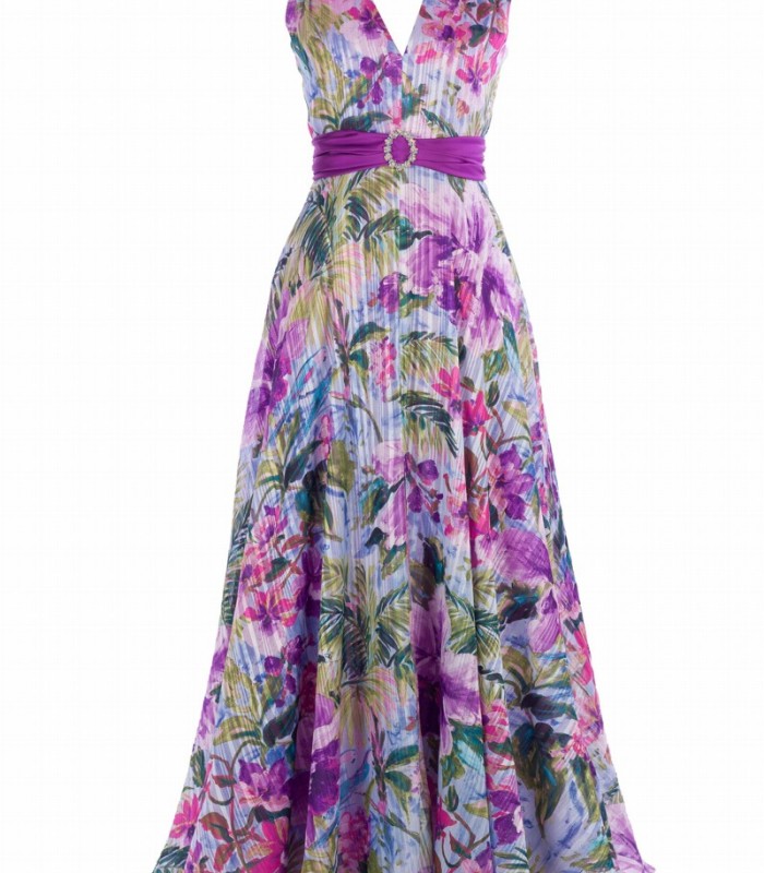 Langes, bedrucktes Macarena-Kleid mit Schleifen-Schmuckdetail