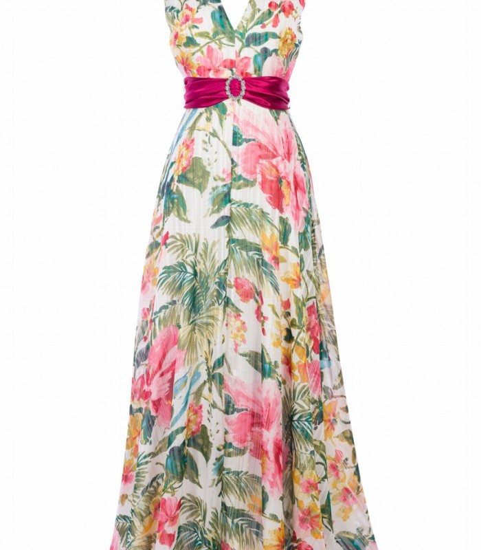 Langes, bedrucktes Macarena-Kleid mit Schleifen-Schmuckdetail
