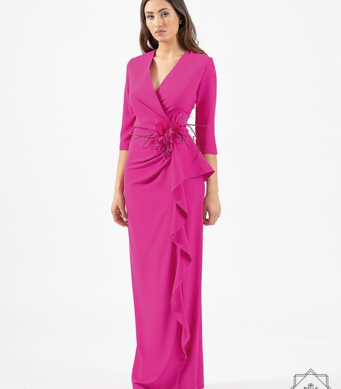 Vestido Maxi Crepe Plisado De Escote Cruzado Con Flor Y Volante