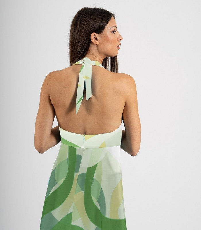 Vestido largo estampado de satén con escote halter y espalda descubierta
