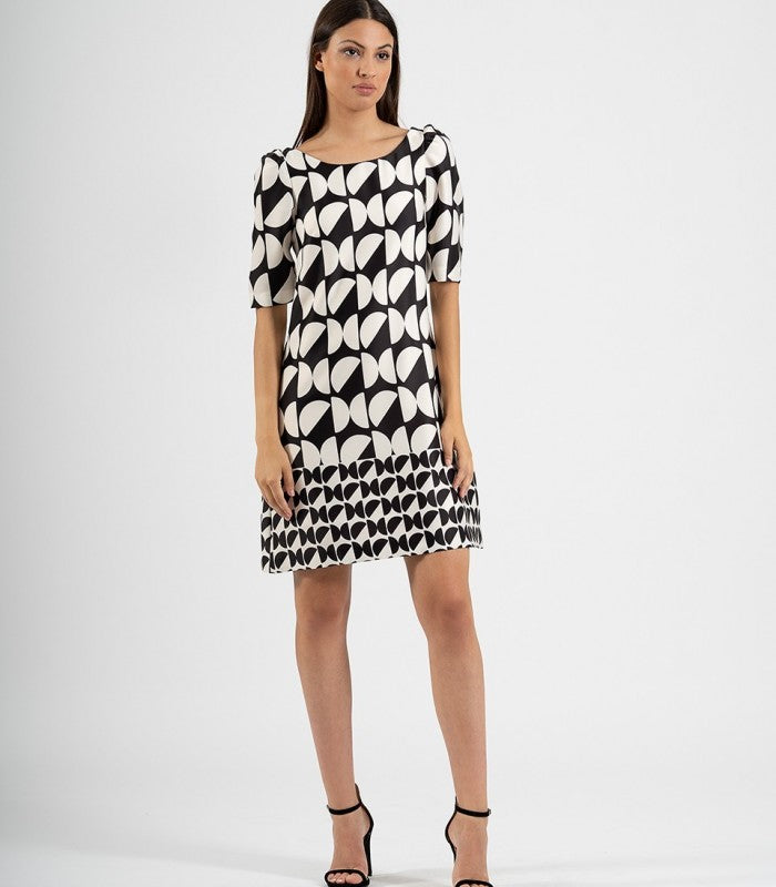 Vestido midi corto recto estampado con escote redondo y manga 3/4