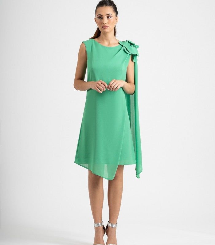 Vestido Midi Crepe Asimétrico Con Escote Redondo Y Flor Al Hombro