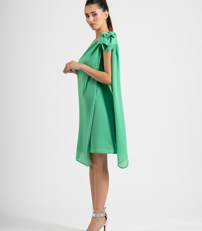 Vestido Midi Crepe Asimétrico Con Escote Redondo Y Flor Al Hombro