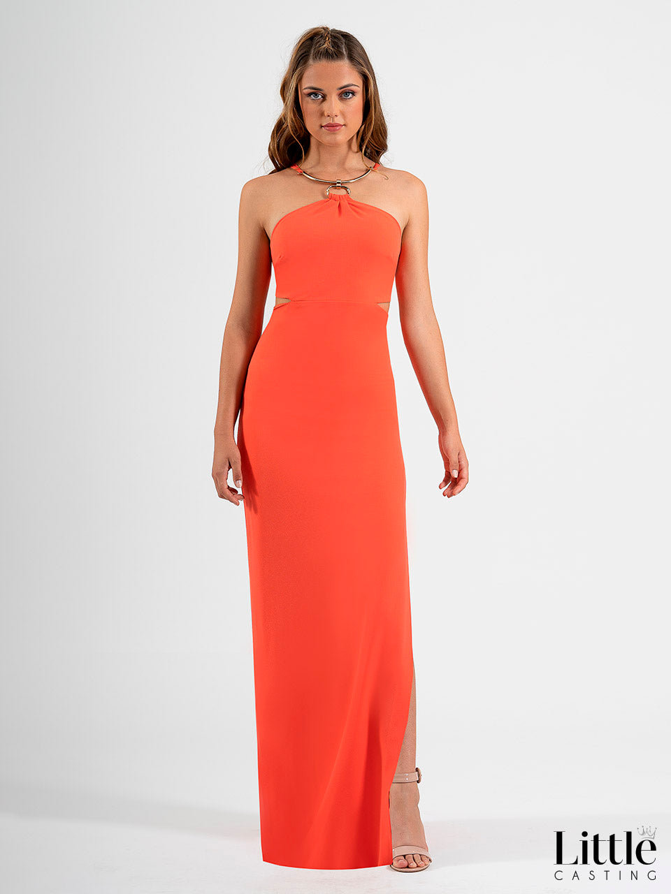 Long straight halter neckline sleeveless dress with appliqués and side slit