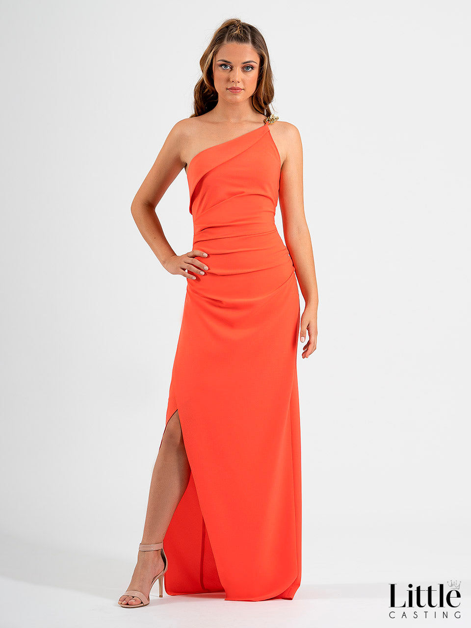 Long draped tube dress with asymmetric neckline and shoulder chain