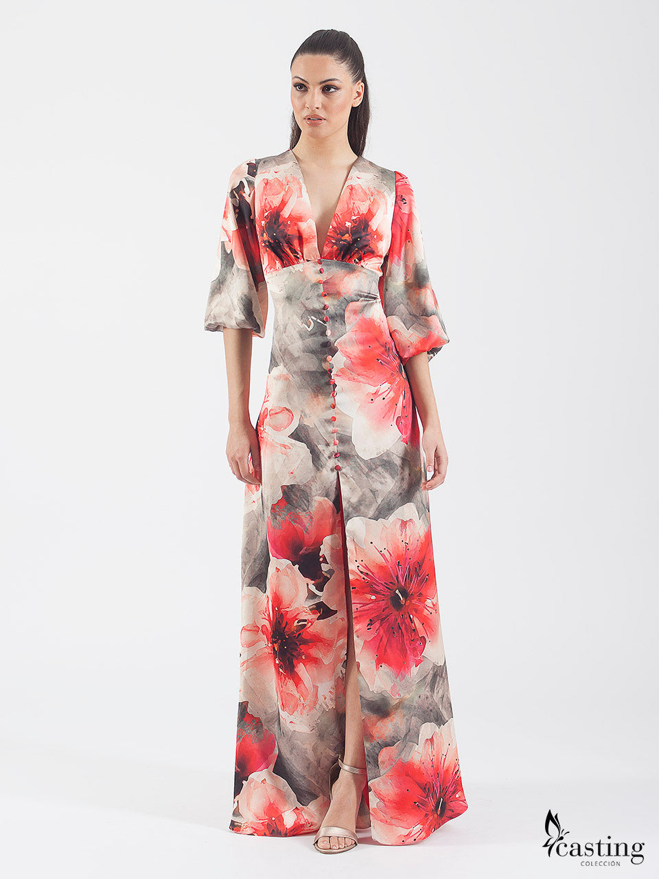 Long buttoned satin dress with print and V-neckline 