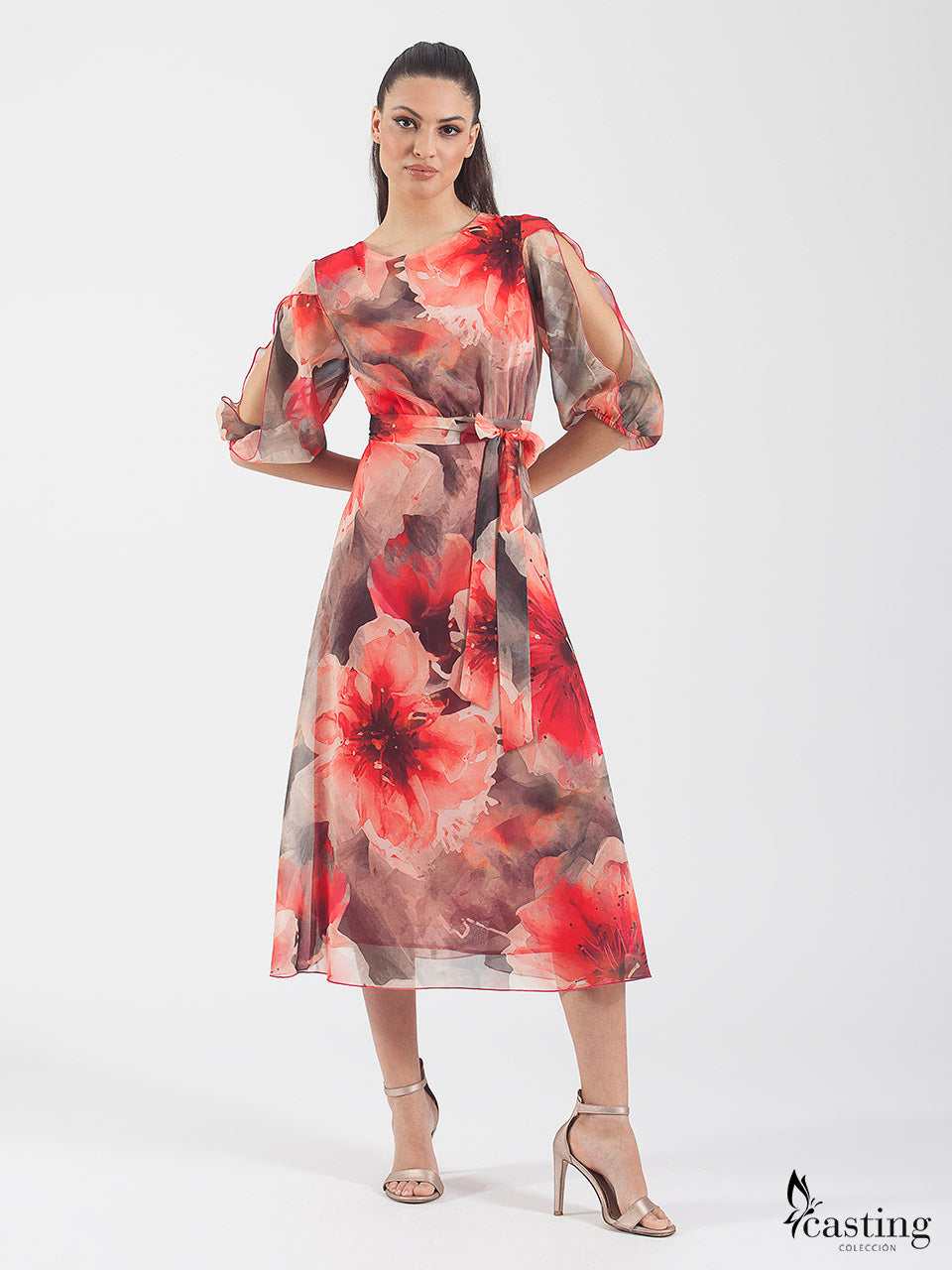 Printed chiffon midi dress with gigot sleeve and bow 