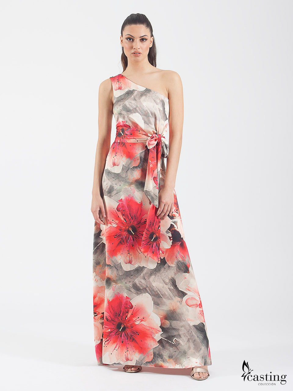 Long printed satin dress with asymmetrical neckline and bow 