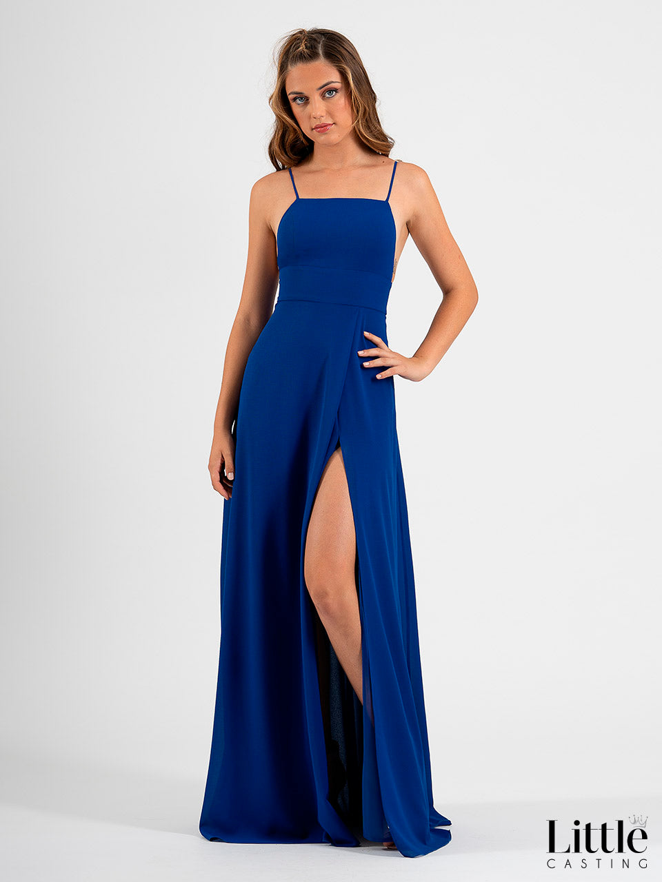 Long dress with straight neckline, open back and side slit